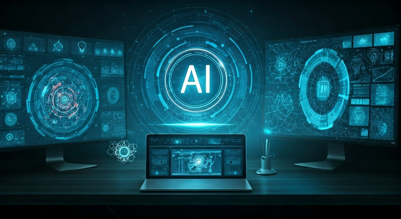 Futuristic workspace with AI tools
