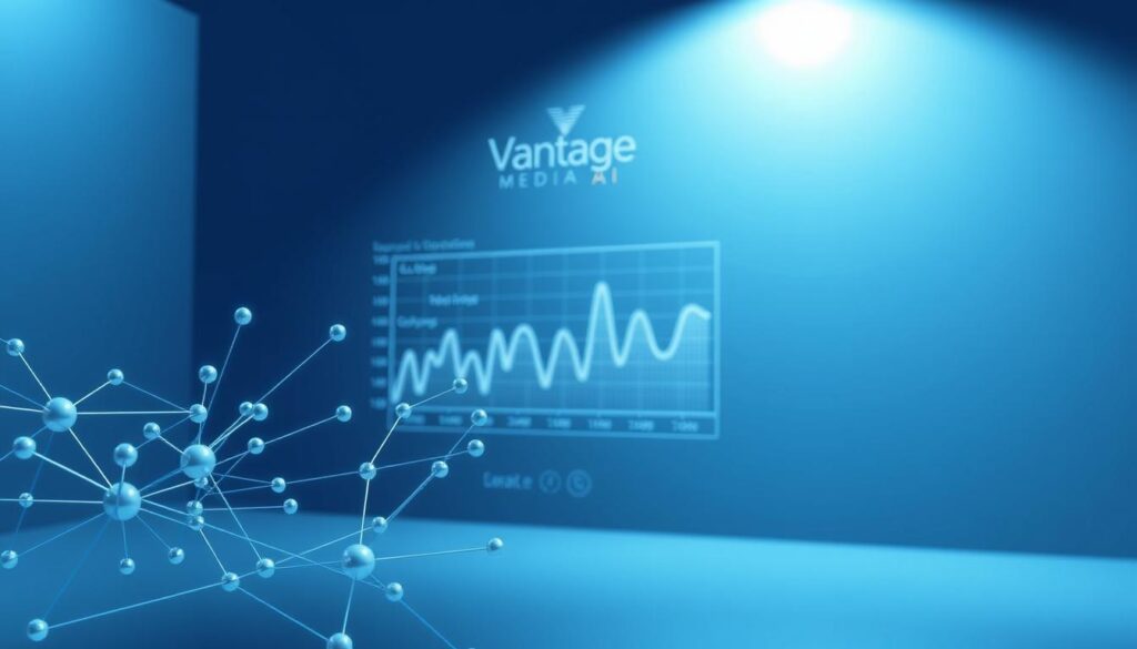 A sophisticated, data-driven lead scoring model visualized with bold, geometric shapes in shades of blue and gray. In the foreground, a series of interconnected nodes and lines representing the various data inputs, algorithms, and scoring criteria. The middle ground showcases a dynamic, pulsing chart or graph, conveying the model's ability to adapt and respond to changing lead behaviors. In the background, a subtle Vantage Media AI logo provides a sense of authority and expertise. Lighting is crisp and directional, creating depth and dimensionality. The overall mood is analytical, efficient, and trustworthy.