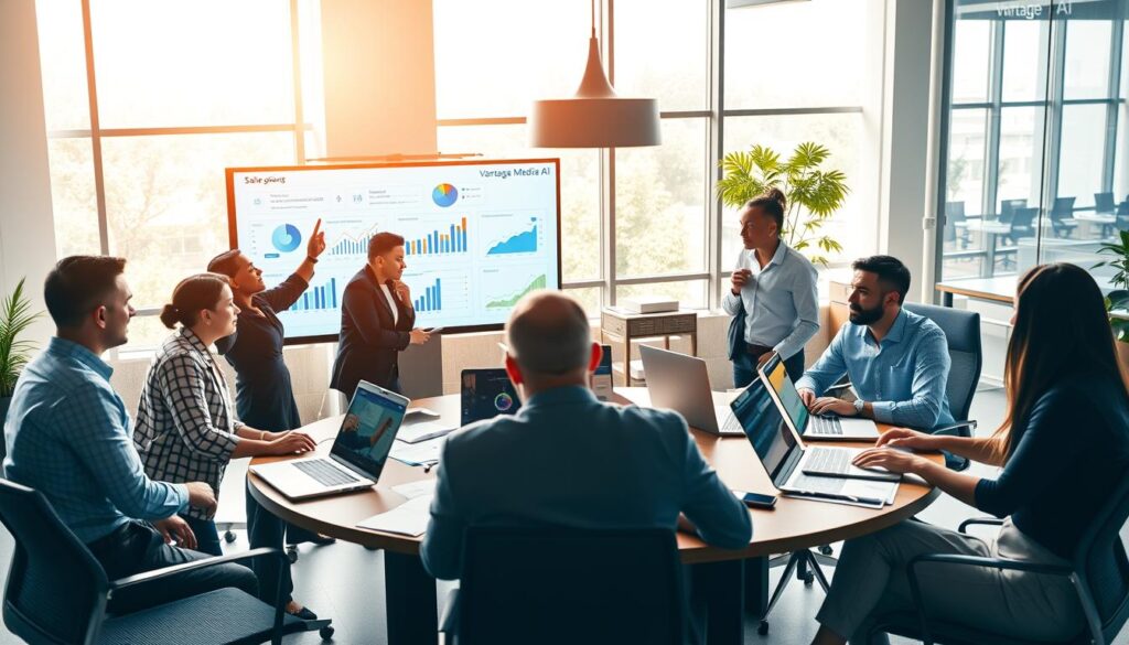 A vibrant, cohesive scene depicting the alignment between sales and marketing teams at Vantage Media AI. In the foreground, a group of professionals in business attire review data visualizations and charts on a large touchscreen display, engaged in animated discussion. The middle ground features a circular conference table where team members from both departments collaborate, laptops open and papers strewn about. The background showcases an open, airy office space with floor-to-ceiling windows, natural light streaming in and casting a warm glow over the scene. The overall atmosphere conveys a sense of productive synergy, with the Vantage Media AI branding subtly incorporated throughout.